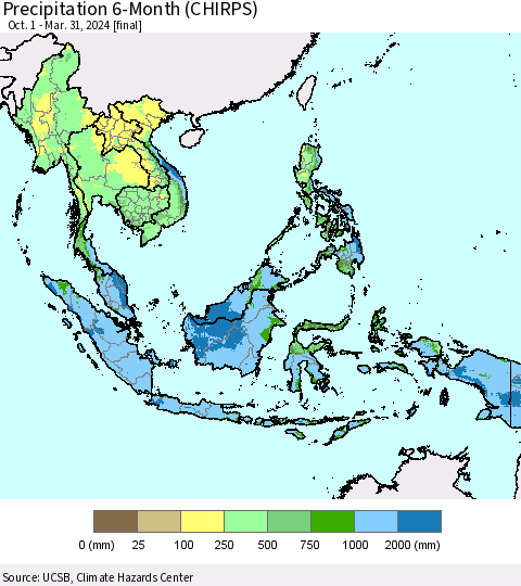 South East Asia Precipitation 6-Month (CHIRPS) Thematic Map For 10/1/2023 - 3/31/2024