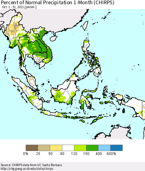 South East Asia Percent of Normal Precipitation 1-Month (CHIRPS) Thematic Map For 10/1/2021 - 10/31/2021