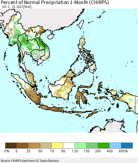 South East Asia Percent of Normal Precipitation 1-Month (CHIRPS) Thematic Map For 10/1/2023 - 10/31/2023