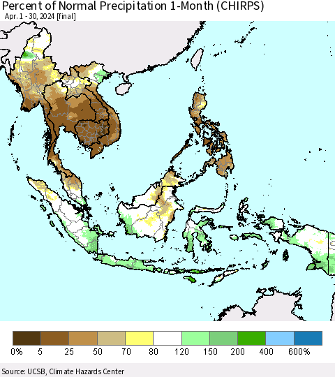 South East Asia Percent of Normal Precipitation 1-Month (CHIRPS) Thematic Map For 4/1/2024 - 4/30/2024