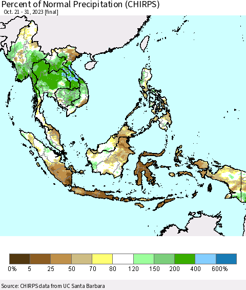 South East Asia Percent of Normal Precipitation (CHIRPS) Thematic Map For 10/21/2023 - 10/31/2023