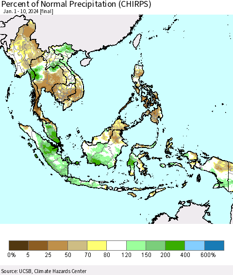 South East Asia Percent of Normal Precipitation (CHIRPS) Thematic Map For 1/1/2024 - 1/10/2024