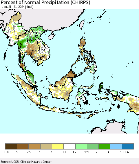 South East Asia Percent of Normal Precipitation (CHIRPS) Thematic Map For 1/21/2024 - 1/31/2024