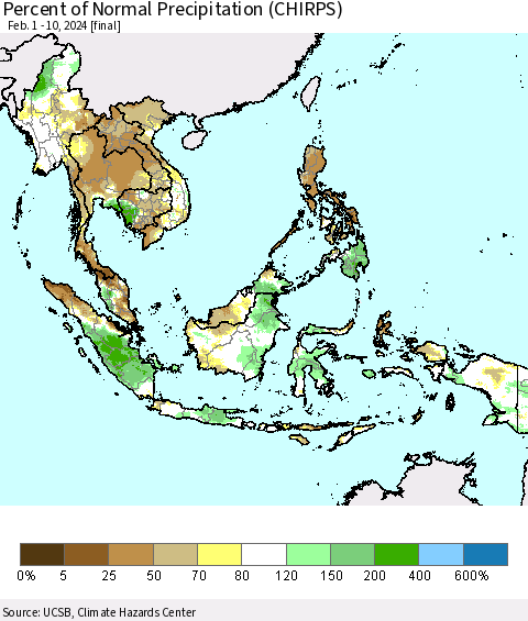South East Asia Percent of Normal Precipitation (CHIRPS) Thematic Map For 2/1/2024 - 2/10/2024