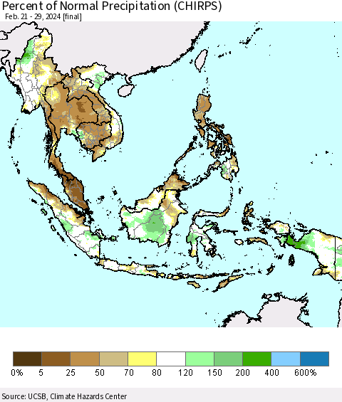 South East Asia Percent of Normal Precipitation (CHIRPS) Thematic Map For 2/21/2024 - 2/29/2024