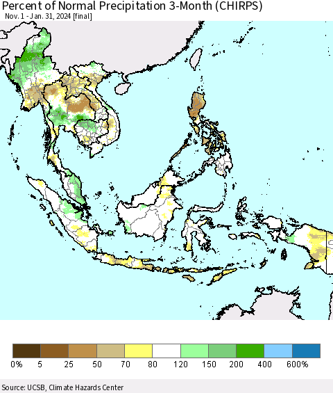 South East Asia Percent of Normal Precipitation 3-Month (CHIRPS) Thematic Map For 11/1/2023 - 1/31/2024