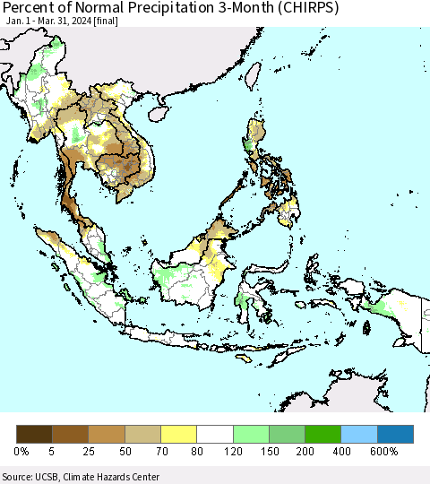 South East Asia Percent of Normal Precipitation 3-Month (CHIRPS) Thematic Map For 1/1/2024 - 3/31/2024