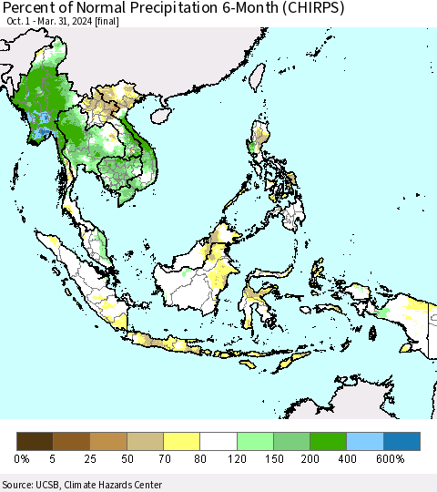 South East Asia Percent of Normal Precipitation 6-Month (CHIRPS) Thematic Map For 10/1/2023 - 3/31/2024