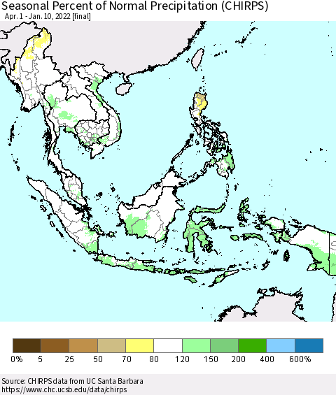 South East Asia Seasonal Percent of Normal Precipitation (CHIRPS) Thematic Map For 4/1/2021 - 1/10/2022