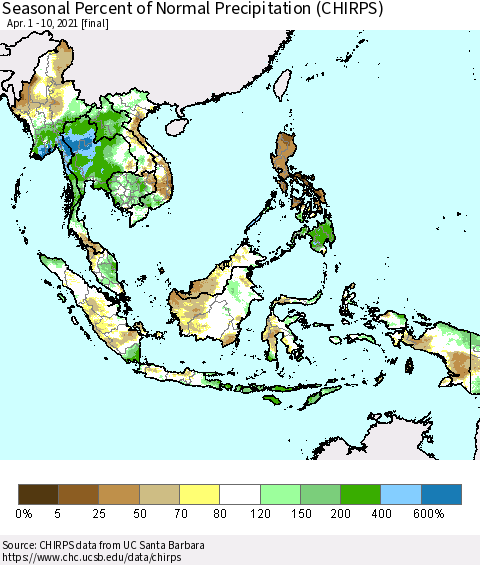 South East Asia Seasonal Percent of Normal Precipitation (CHIRPS) Thematic Map For 4/1/2021 - 4/10/2021