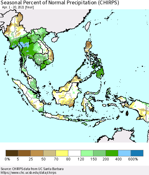 South East Asia Seasonal Percent of Normal Precipitation (CHIRPS) Thematic Map For 4/1/2021 - 4/20/2021
