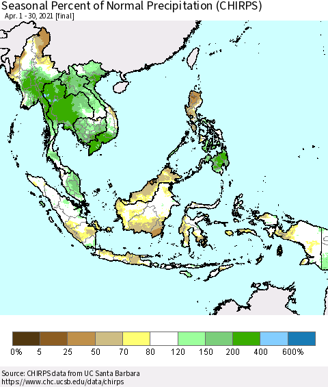 South East Asia Seasonal Percent of Normal Precipitation (CHIRPS) Thematic Map For 4/1/2021 - 4/30/2021