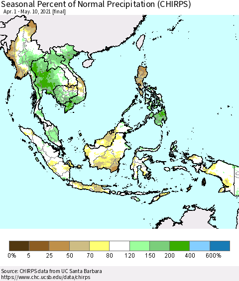 South East Asia Seasonal Percent of Normal Precipitation (CHIRPS) Thematic Map For 4/1/2021 - 5/10/2021