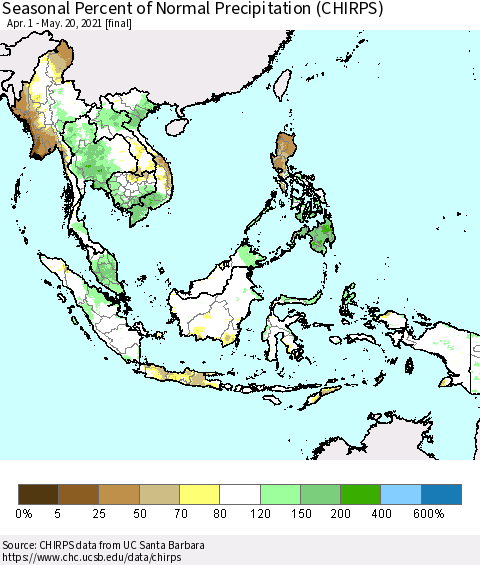 South East Asia Seasonal Percent of Normal Precipitation (CHIRPS) Thematic Map For 4/1/2021 - 5/20/2021