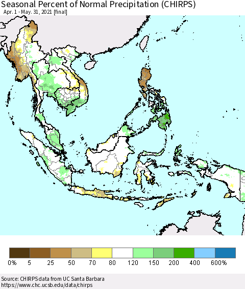South East Asia Seasonal Percent of Normal Precipitation (CHIRPS) Thematic Map For 4/1/2021 - 5/31/2021