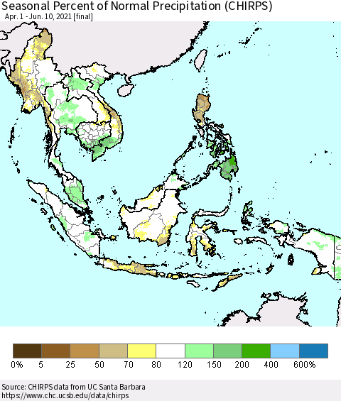 South East Asia Seasonal Percent of Normal Precipitation (CHIRPS) Thematic Map For 4/1/2021 - 6/10/2021
