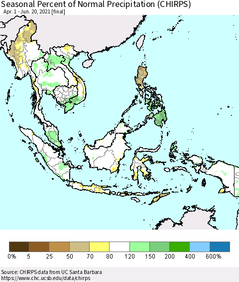 South East Asia Seasonal Percent of Normal Precipitation (CHIRPS) Thematic Map For 4/1/2021 - 6/20/2021