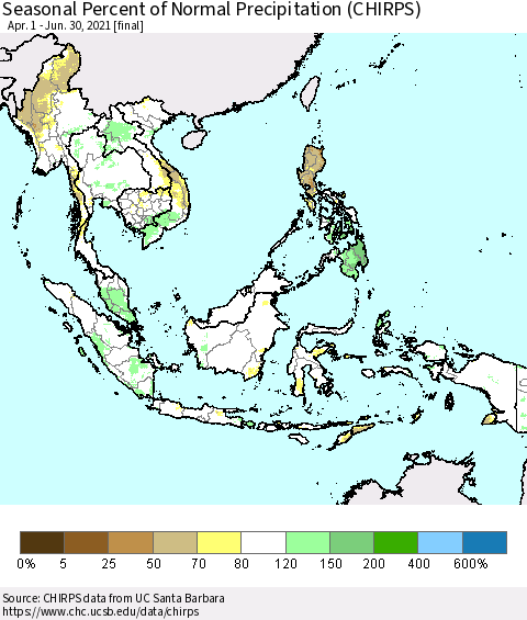 South East Asia Seasonal Percent of Normal Precipitation (CHIRPS) Thematic Map For 4/1/2021 - 6/30/2021