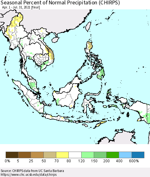 South East Asia Seasonal Percent of Normal Precipitation (CHIRPS) Thematic Map For 4/1/2021 - 7/31/2021