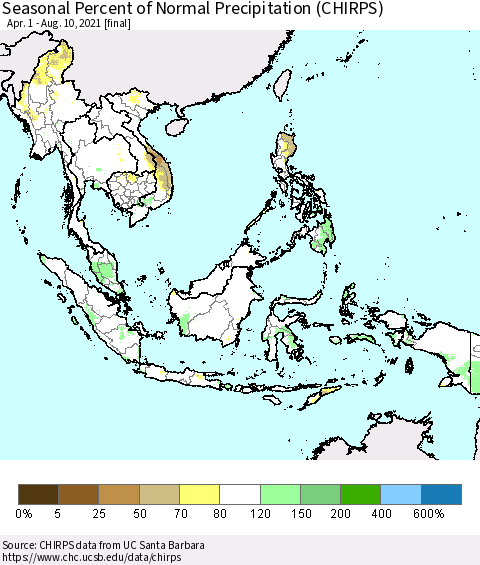South East Asia Seasonal Percent of Normal Precipitation (CHIRPS) Thematic Map For 4/1/2021 - 8/10/2021
