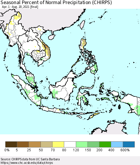 South East Asia Seasonal Percent of Normal Precipitation (CHIRPS) Thematic Map For 4/1/2021 - 8/20/2021