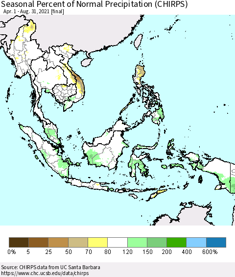 South East Asia Seasonal Percent of Normal Precipitation (CHIRPS) Thematic Map For 4/1/2021 - 8/31/2021