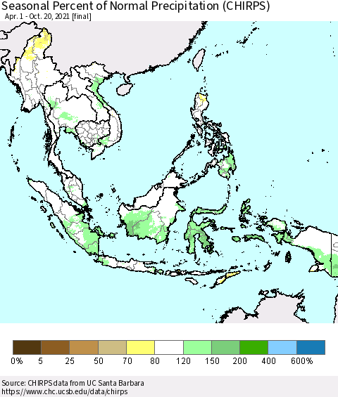 South East Asia Seasonal Percent of Normal Precipitation (CHIRPS) Thematic Map For 4/1/2021 - 10/20/2021