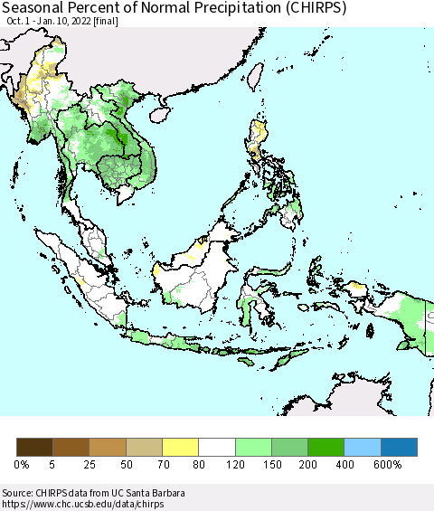 South East Asia Seasonal Percent of Normal Precipitation (CHIRPS) Thematic Map For 10/1/2021 - 1/10/2022