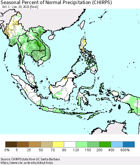 South East Asia Seasonal Percent of Normal Precipitation (CHIRPS) Thematic Map For 10/1/2021 - 1/20/2022