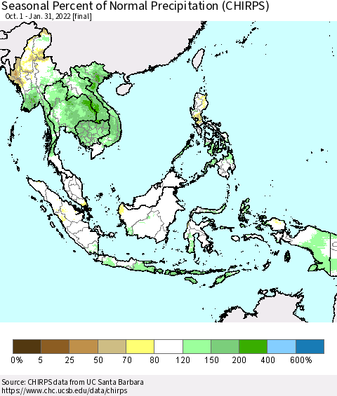 South East Asia Seasonal Percent of Normal Precipitation (CHIRPS) Thematic Map For 10/1/2021 - 1/31/2022