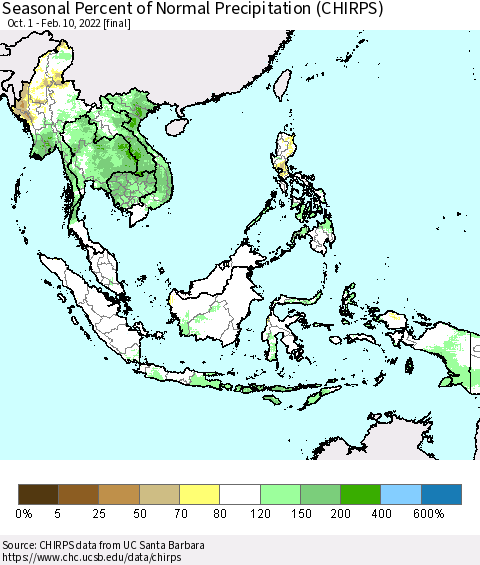 South East Asia Seasonal Percent of Normal Precipitation (CHIRPS) Thematic Map For 10/1/2021 - 2/10/2022