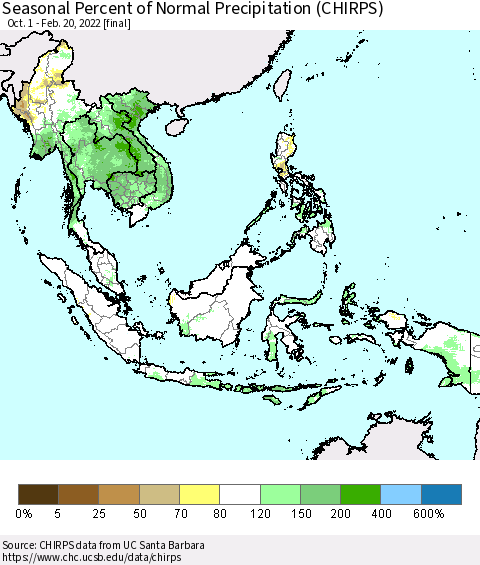 South East Asia Seasonal Percent of Normal Precipitation (CHIRPS) Thematic Map For 10/1/2021 - 2/20/2022