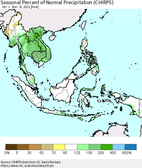 South East Asia Seasonal Percent of Normal Precipitation (CHIRPS) Thematic Map For 10/1/2021 - 3/31/2022