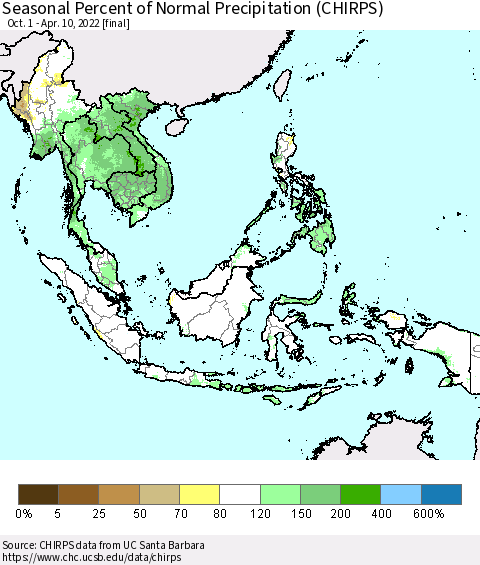 South East Asia Seasonal Percent of Normal Precipitation (CHIRPS) Thematic Map For 10/1/2021 - 4/10/2022