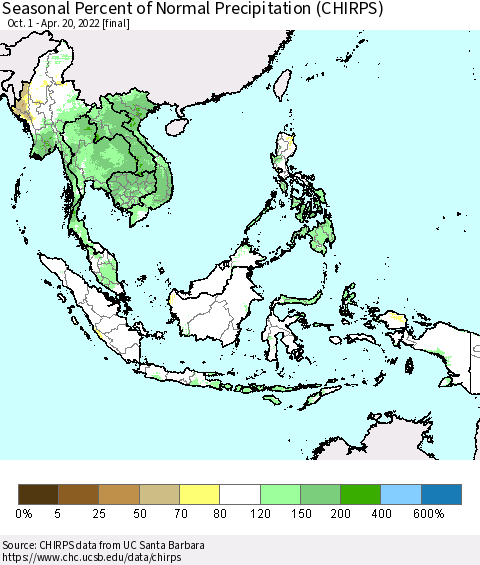 South East Asia Seasonal Percent of Normal Precipitation (CHIRPS) Thematic Map For 10/1/2021 - 4/20/2022
