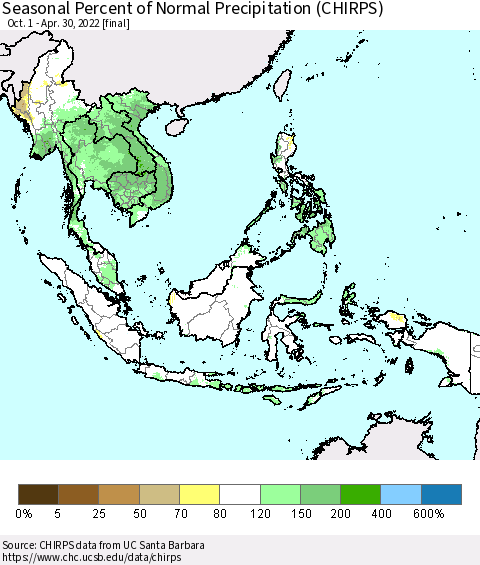 South East Asia Seasonal Percent of Normal Precipitation (CHIRPS) Thematic Map For 10/1/2021 - 4/30/2022