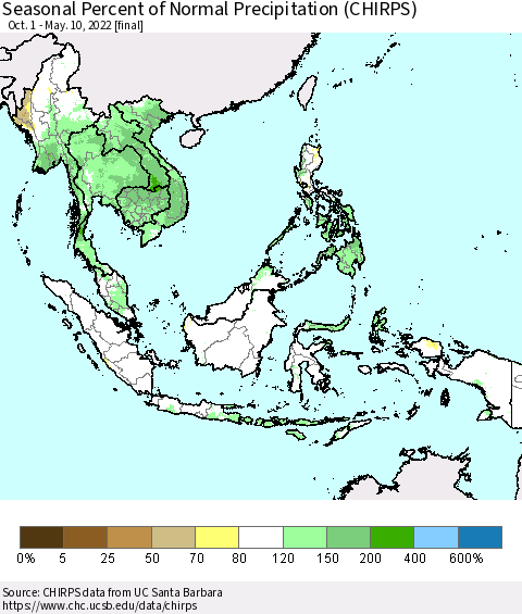 South East Asia Seasonal Percent of Normal Precipitation (CHIRPS) Thematic Map For 10/1/2021 - 5/10/2022