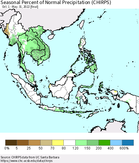 South East Asia Seasonal Percent of Normal Precipitation (CHIRPS) Thematic Map For 10/1/2021 - 5/31/2022