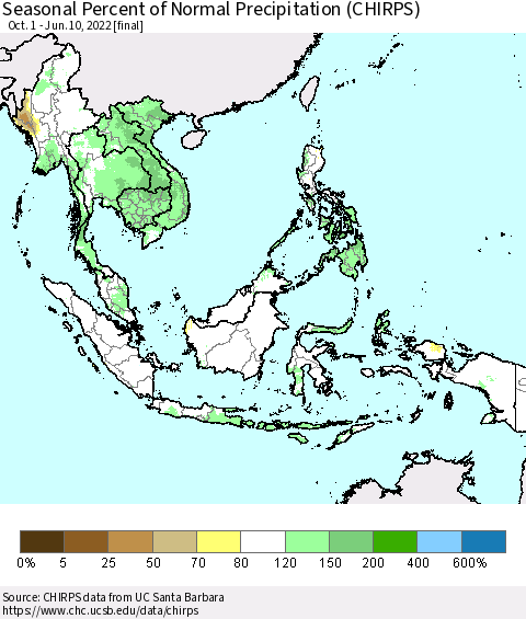 South East Asia Seasonal Percent of Normal Precipitation (CHIRPS) Thematic Map For 10/1/2021 - 6/10/2022