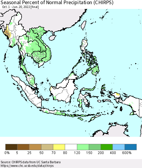 South East Asia Seasonal Percent of Normal Precipitation (CHIRPS) Thematic Map For 10/1/2021 - 6/20/2022