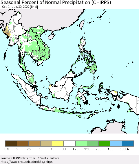 South East Asia Seasonal Percent of Normal Precipitation (CHIRPS) Thematic Map For 10/1/2021 - 6/30/2022