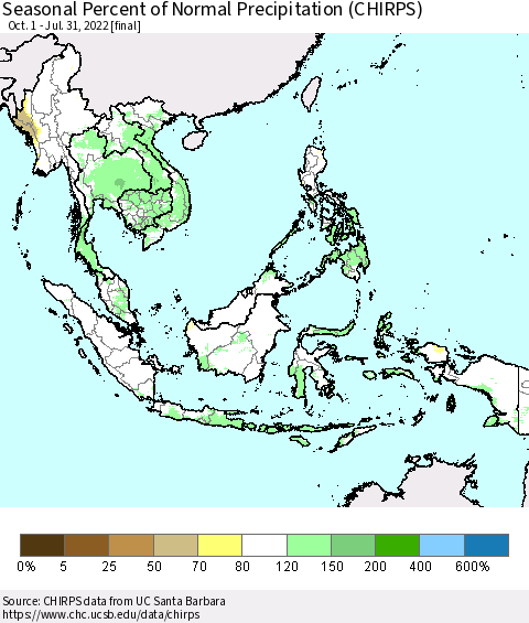 South East Asia Seasonal Percent of Normal Precipitation (CHIRPS) Thematic Map For 10/1/2021 - 7/31/2022