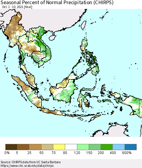 South East Asia Seasonal Percent of Normal Precipitation (CHIRPS) Thematic Map For 10/1/2021 - 10/10/2021