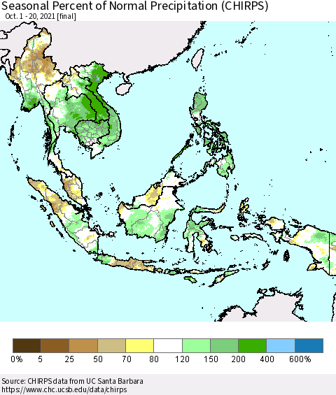 South East Asia Seasonal Percent of Normal Precipitation (CHIRPS) Thematic Map For 10/1/2021 - 10/20/2021