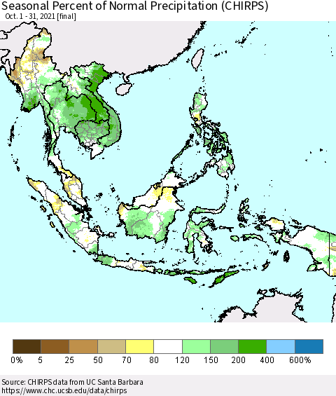 South East Asia Seasonal Percent of Normal Precipitation (CHIRPS) Thematic Map For 10/1/2021 - 10/31/2021