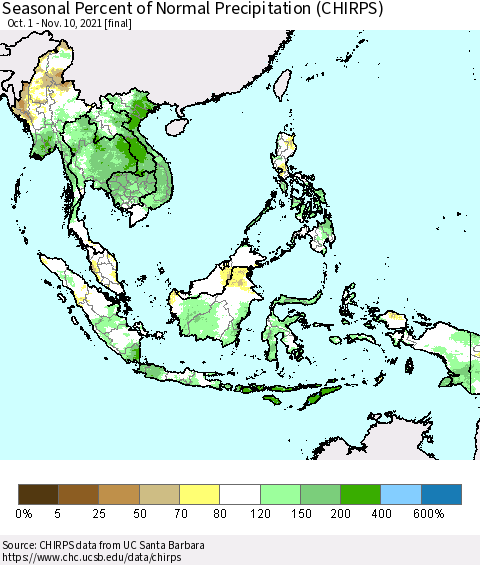 South East Asia Seasonal Percent of Normal Precipitation (CHIRPS) Thematic Map For 10/1/2021 - 11/10/2021