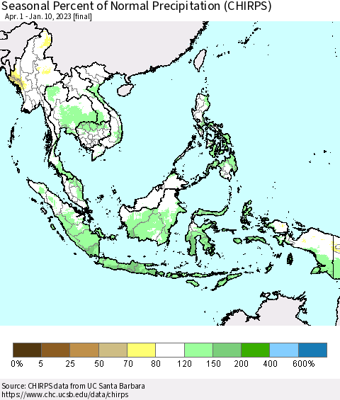 South East Asia Seasonal Percent of Normal Precipitation (CHIRPS) Thematic Map For 4/1/2022 - 1/10/2023