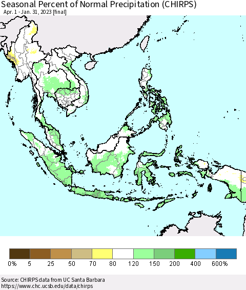 South East Asia Seasonal Percent of Normal Precipitation (CHIRPS) Thematic Map For 4/1/2022 - 1/31/2023