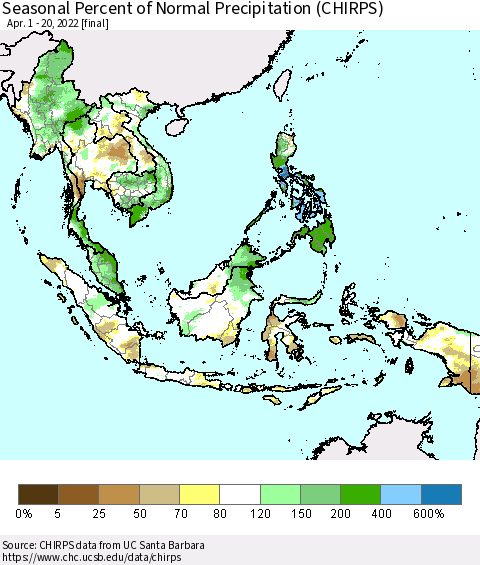 South East Asia Seasonal Percent of Normal Precipitation (CHIRPS) Thematic Map For 4/1/2022 - 4/20/2022
