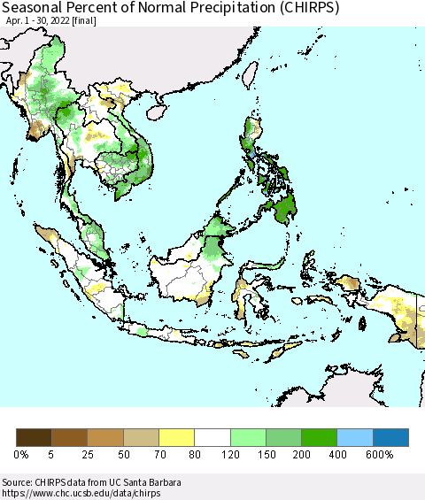 South East Asia Seasonal Percent of Normal Precipitation (CHIRPS) Thematic Map For 4/1/2022 - 4/30/2022